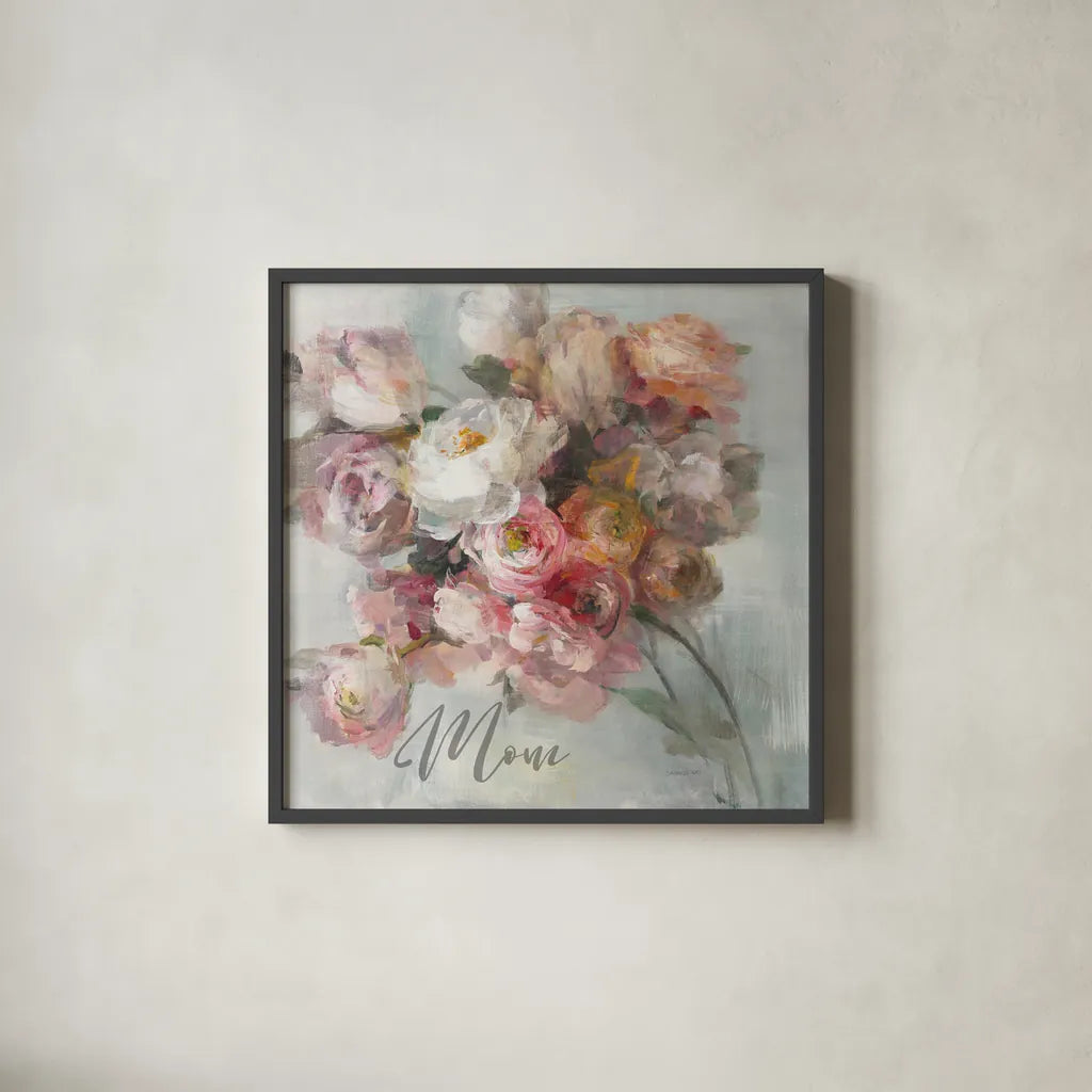 Blush Bouquet Mom by Danhui Nai. Shown in a sleek black glass frame for a contemporary gallery look. Available as an archival giclee rolled canvas, fine art paper, or poster print. SKU 41677a.