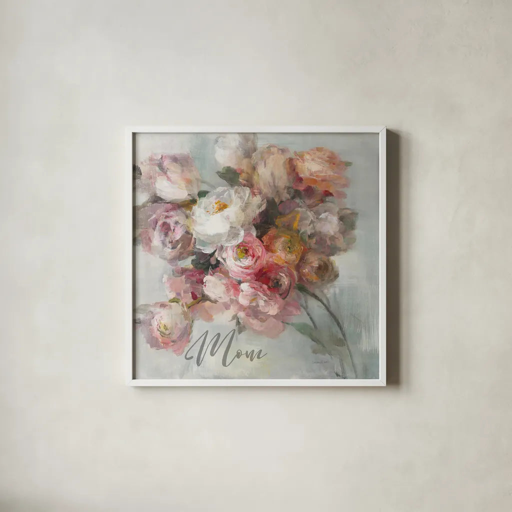 Blush Bouquet Mom by Danhui Nai. Shown in a crisp white glass frame for a clean and minimalist style. Available as an archival giclee rolled canvas, fine art paper, or poster print. SKU 41677a.
