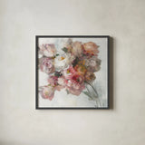 Blush Bouquet on White by Danhui Nai. Shown in a sleek black glass frame for a contemporary gallery look. Available as an archival giclee rolled canvas, fine art paper, or poster print. SKU 89664a.