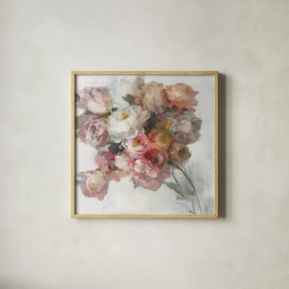 Blush Bouquet on White by Danhui Nai. Shown in a natural wood glass frame for a timeless modern aesthetic. Available as an archival giclee rolled canvas, fine art paper, or poster print. SKU 89664a.