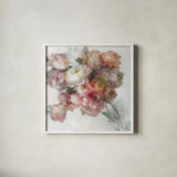 Blush Bouquet on White by Danhui Nai. Shown in a crisp white glass frame for a clean and minimalist style. Available as an archival giclee rolled canvas, fine art paper, or poster print. SKU 89664a.