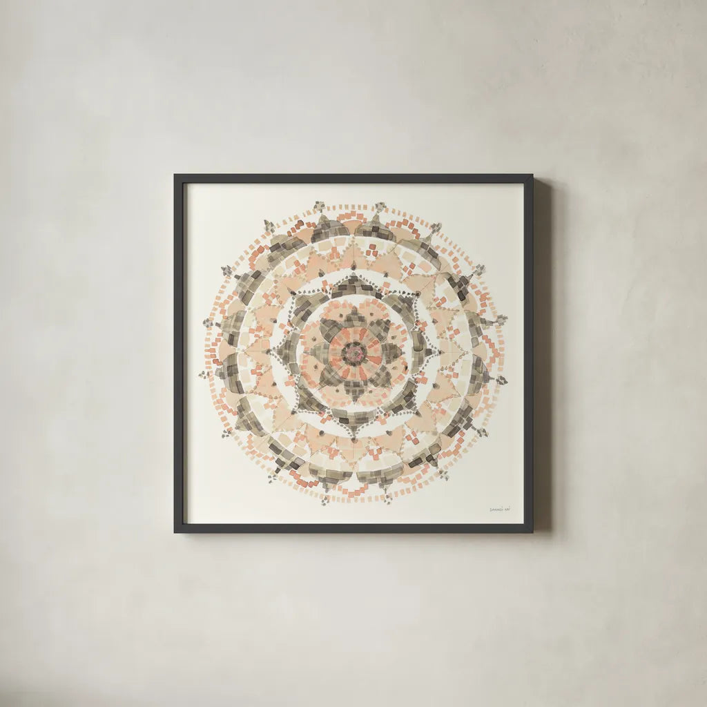Blush Mandala by Danhui Nai. Shown in a sleek black glass frame for a contemporary gallery look. Available as an archival giclee rolled canvas, fine art paper, or poster print. SKU 41577a.