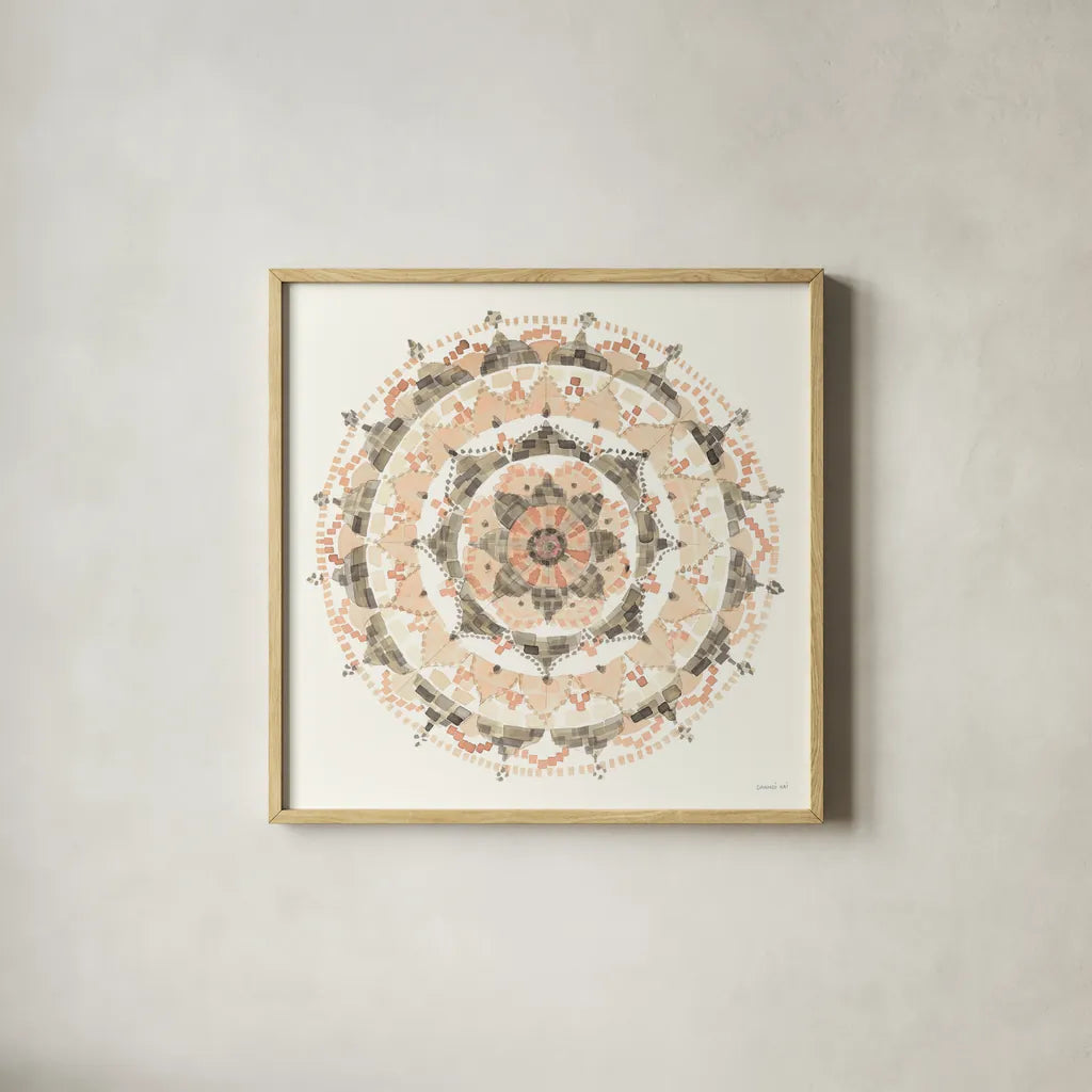 Blush Mandala by Danhui Nai. Shown in a natural wood glass frame for a timeless modern aesthetic. Available as an archival giclee rolled canvas, fine art paper, or poster print. SKU 41577a.
