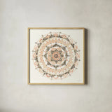 Blush Mandala by Danhui Nai. Shown in a natural wood glass frame for a timeless modern aesthetic. Available as an archival giclee rolled canvas, fine art paper, or poster print. SKU 41577a.