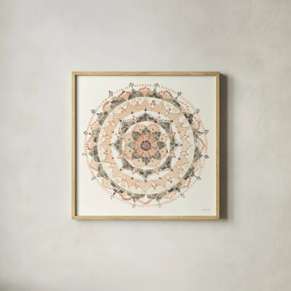 Blush Mandala by Danhui Nai. Shown in a natural wood glass frame for a timeless modern aesthetic. Available as an archival giclee rolled canvas, fine art paper, or poster print. SKU 41577a.