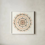 Blush Mandala by Danhui Nai. Shown in a crisp white glass frame for a clean and minimalist style. Available as an archival giclee rolled canvas, fine art paper, or poster print. SKU 41577a.