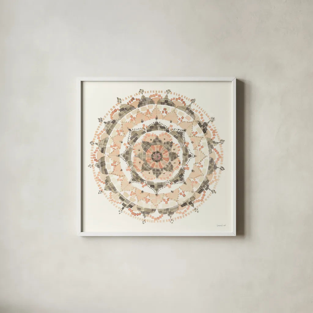 Blush Mandala by Danhui Nai. Shown in a crisp white glass frame for a clean and minimalist style. Available as an archival giclee rolled canvas, fine art paper, or poster print. SKU 41577a.