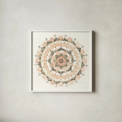 Blush Mandala by Danhui Nai. Shown in a crisp white glass frame for a clean and minimalist style. Available as an archival giclee rolled canvas, fine art paper, or poster print. SKU 41577a.