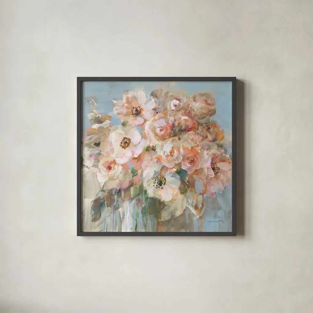 Blushing Bouquet by Danhui Nai. Shown in a sleek black glass frame for a contemporary gallery look. Available as an archival giclee rolled canvas, fine art paper, or poster print. SKU 78543a.