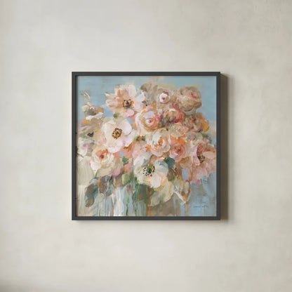 Blushing Bouquet by Danhui Nai. Shown in a sleek black glass frame for a contemporary gallery look. Available as an archival giclee rolled canvas, fine art paper, or poster print. SKU 78543a.
