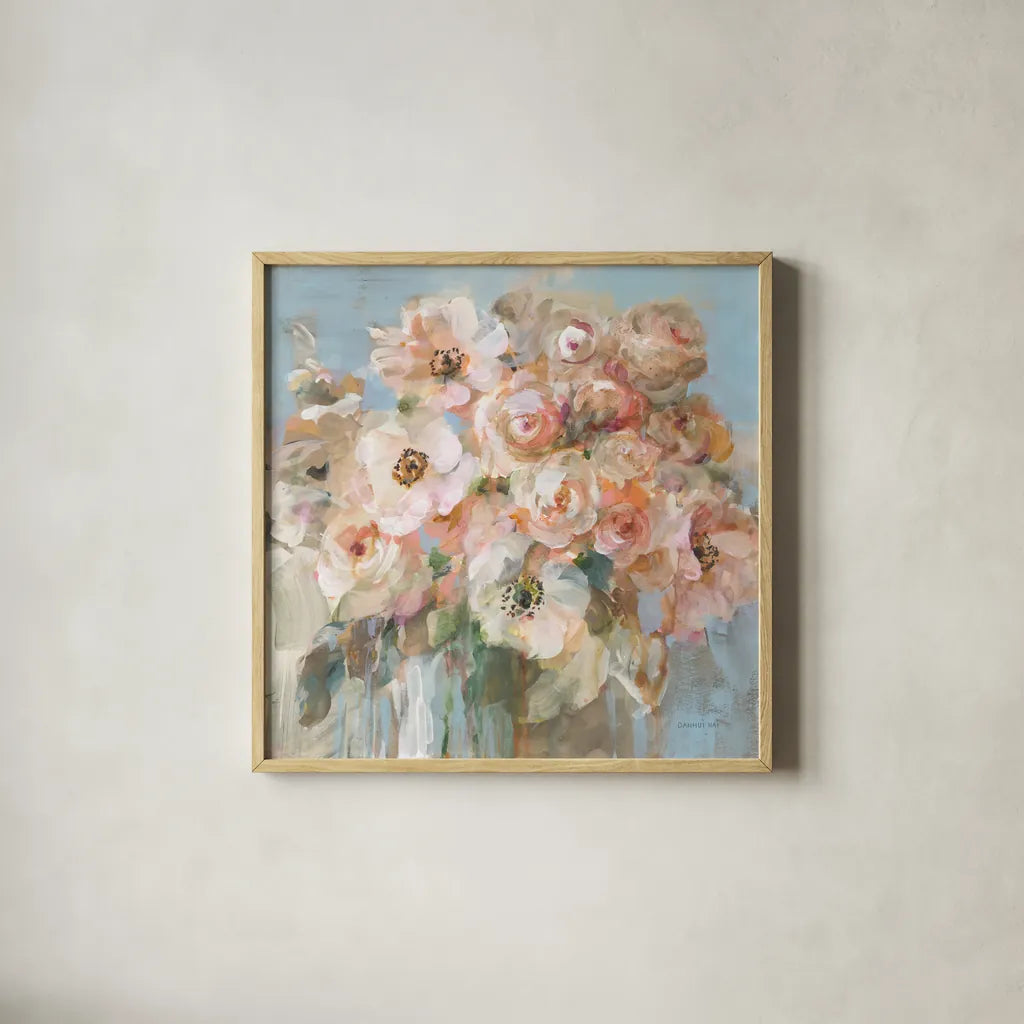 Blushing Bouquet by Danhui Nai. Shown in a natural wood glass frame for a timeless modern aesthetic. Available as an archival giclee rolled canvas, fine art paper, or poster print. SKU 78543a.