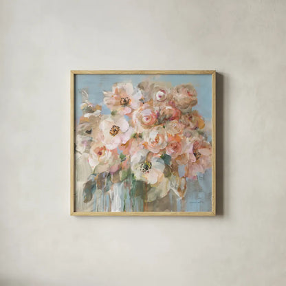 Blushing Bouquet by Danhui Nai. Shown in a natural wood glass frame for a timeless modern aesthetic. Available as an archival giclee rolled canvas, fine art paper, or poster print. SKU 78543a.
