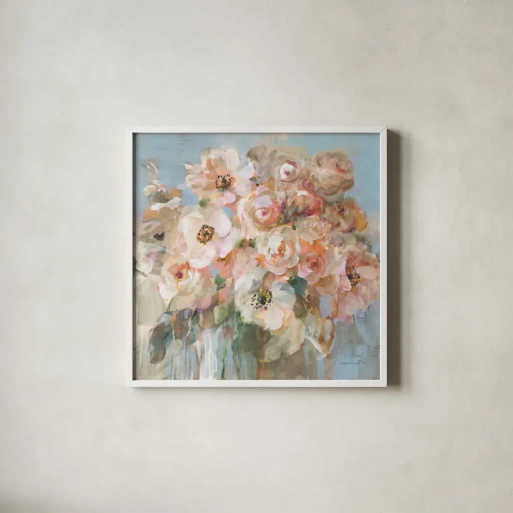 Blushing Bouquet by Danhui Nai. Shown in a crisp white glass frame for a clean and minimalist style. Available as an archival giclee rolled canvas, fine art paper, or poster print. SKU 78543a.