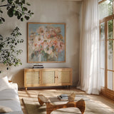 Blushing Bouquet by Danhui Nai. Shown in a natural wood frame in a cozy modern living room. Available as an archival giclee rolled canvas, fine art paper, or poster print. SKU 78543a.