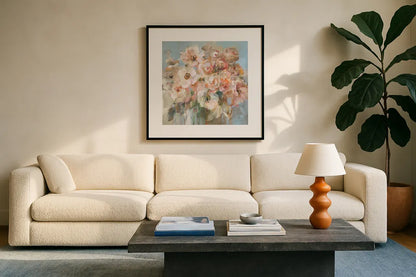 Blushing Bouquet by Danhui Nai. Displayed in a glass frame with matte in a clean modern living room. Available as an archival giclee rolled canvas, fine art paper, or poster print. SKU 78543a.