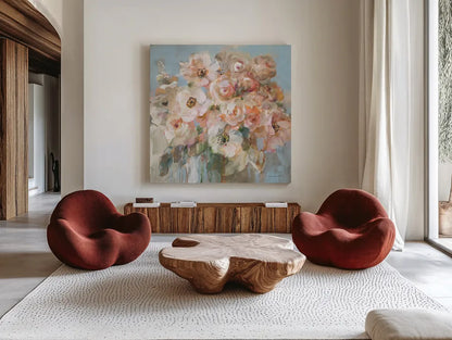 Blushing Bouquet by Danhui Nai. Shown as extra-large giant wall art in a modern living room. Available as an archival giclee rolled canvas, fine art paper, or poster print. SKU 78543a.