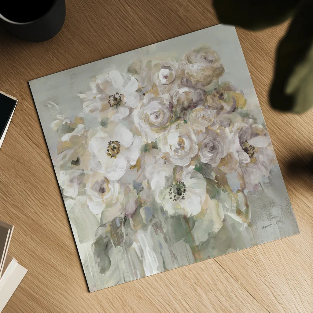 Blushing Bouquet Neutral by Danhui Nai. Shown as a detailed flat fine art print, highlighting archival giclee quality. Available as an archival giclee rolled canvas, fine art paper, or poster print. SKU 78881a.