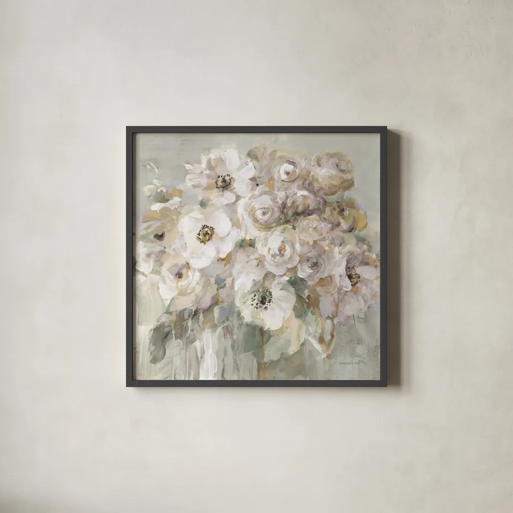 Blushing Bouquet Neutral by Danhui Nai. Shown in a sleek black glass frame for a contemporary gallery look. Available as an archival giclee rolled canvas, fine art paper, or poster print. SKU 78881a.