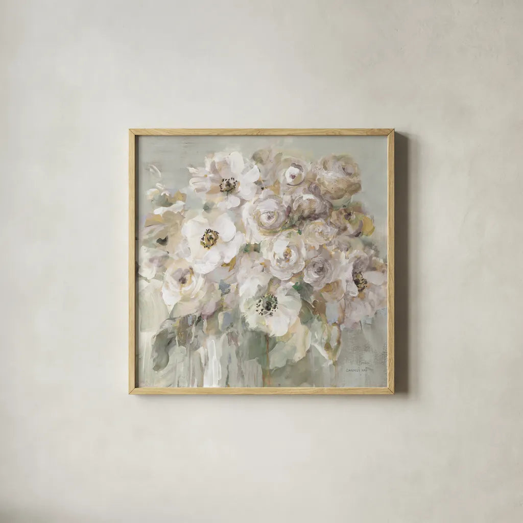 Blushing Bouquet Neutral by Danhui Nai. Shown in a natural wood glass frame for a timeless modern aesthetic. Available as an archival giclee rolled canvas, fine art paper, or poster print. SKU 78881a.