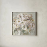Blushing Bouquet Neutral by Danhui Nai. Shown in a crisp white glass frame for a clean and minimalist style. Available as an archival giclee rolled canvas, fine art paper, or poster print. SKU 78881a.