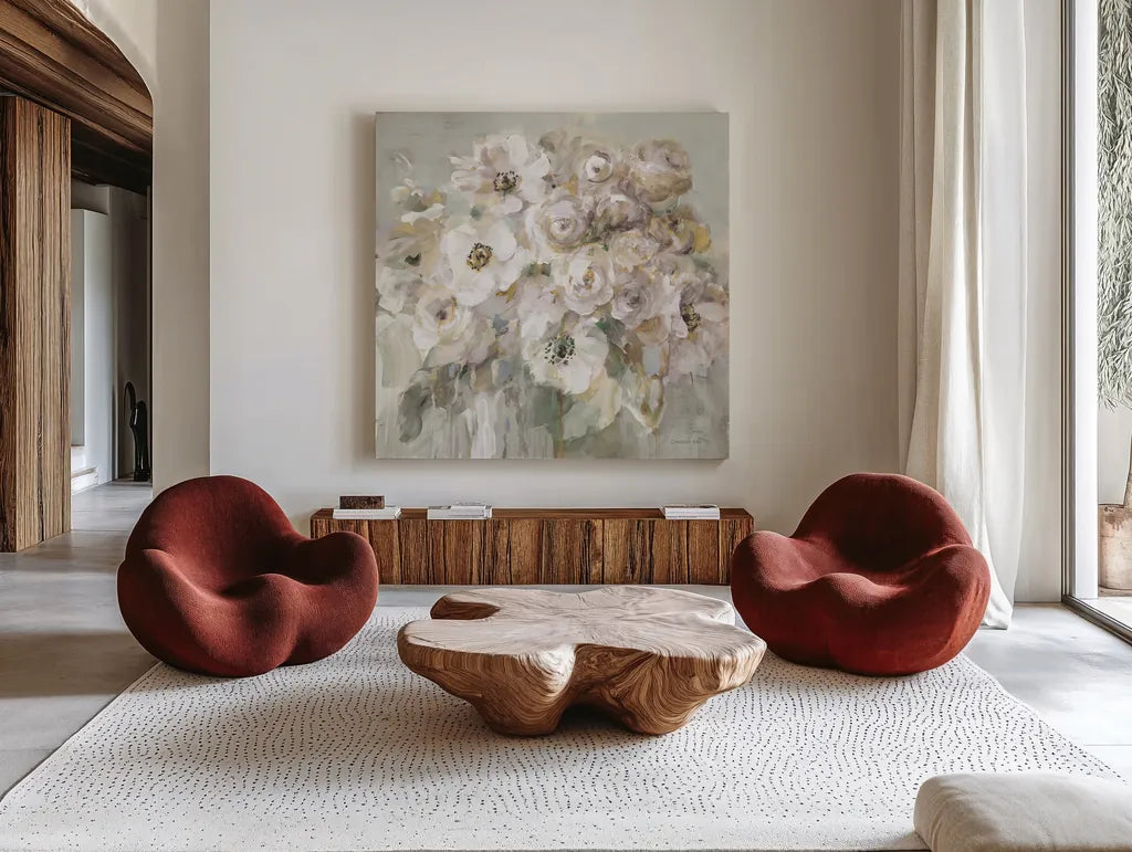 Blushing Bouquet Neutral by Danhui Nai. Shown as extra-large giant wall art in a modern living room. Available as an archival giclee rolled canvas, fine art paper, or poster print. SKU 78881a.