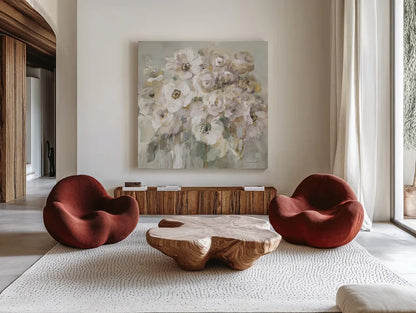 Blushing Bouquet Neutral by Danhui Nai. Shown as extra-large giant wall art in a modern living room. Available as an archival giclee rolled canvas, fine art paper, or poster print. SKU 78881a.