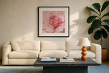 Blushing Metallic Peony by Danhui Nai. Displayed in a glass frame with matte in a clean modern living room. Available as an archival giclee rolled canvas, fine art paper, or poster print. SKU 51674a.