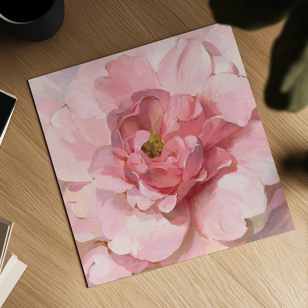Blushing Peony by Danhui Nai. Shown as a detailed flat fine art print, highlighting archival giclee quality. Available as an archival giclee rolled canvas, fine art paper, or poster print. SKU 50143a.