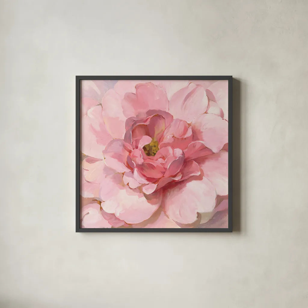 Blushing Peony by Danhui Nai. Shown in a sleek black glass frame for a contemporary gallery look. Available as an archival giclee rolled canvas, fine art paper, or poster print. SKU 50143a.