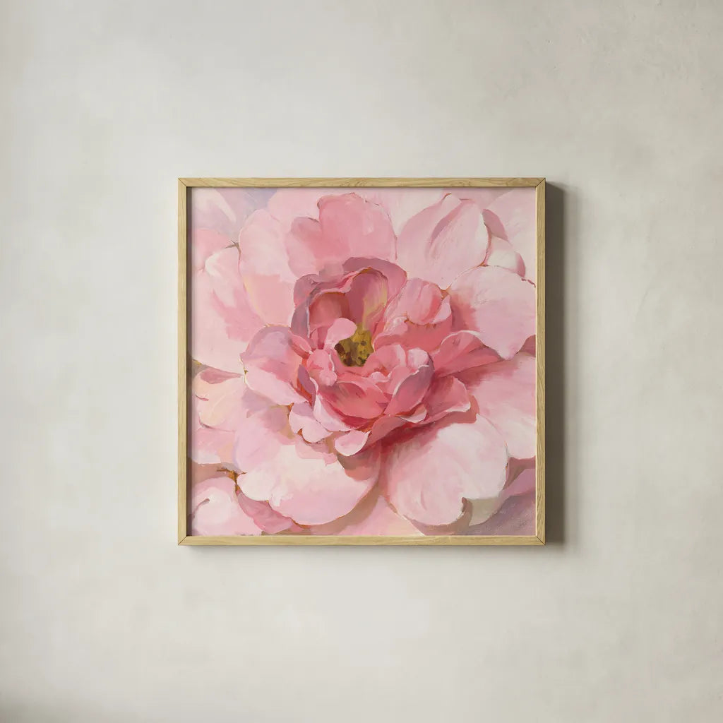 Blushing Peony by Danhui Nai. Shown in a natural wood glass frame for a timeless modern aesthetic. Available as an archival giclee rolled canvas, fine art paper, or poster print. SKU 50143a.