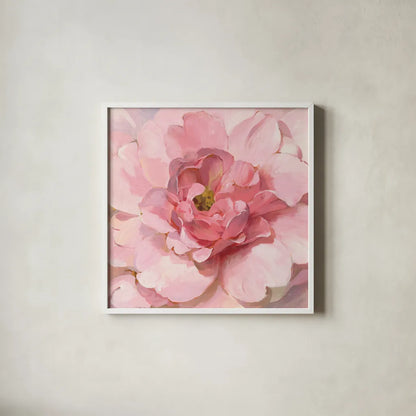 Blushing Peony by Danhui Nai. Shown in a crisp white glass frame for a clean and minimalist style. Available as an archival giclee rolled canvas, fine art paper, or poster print. SKU 50143a.