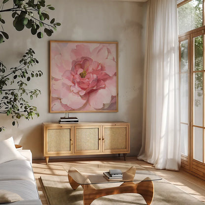 Blushing Peony by Danhui Nai. Shown in a natural wood frame in a cozy modern living room. Available as an archival giclee rolled canvas, fine art paper, or poster print. SKU 50143a.