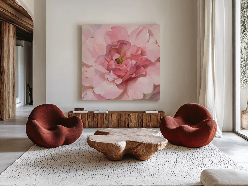 Blushing Peony by Danhui Nai. Shown as extra-large giant wall art in a modern living room. Available as an archival giclee rolled canvas, fine art paper, or poster print. SKU 50143a.