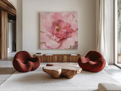 Blushing Peony by Danhui Nai. Shown as extra-large giant wall art in a modern living room. Available as an archival giclee rolled canvas, fine art paper, or poster print. SKU 50143a.