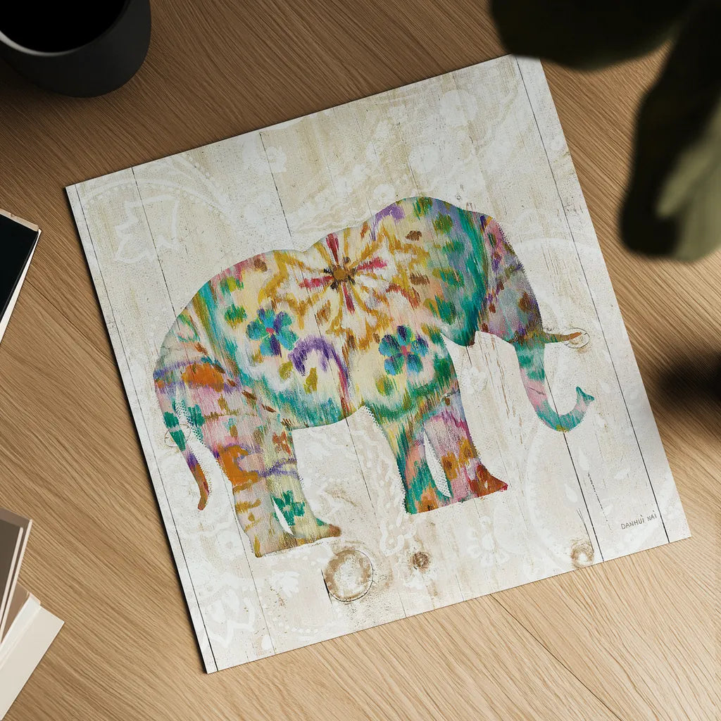Boho Paisley Elephant I by Danhui Nai. Shown as a detailed flat fine art print, highlighting archival giclee quality. Available as an archival giclee rolled canvas, fine art paper, or poster print. SKU 23980a.