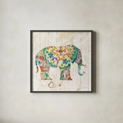 Boho Paisley Elephant I by Danhui Nai. Shown in a sleek black glass frame for a contemporary gallery look. Available as an archival giclee rolled canvas, fine art paper, or poster print. SKU 23980a.