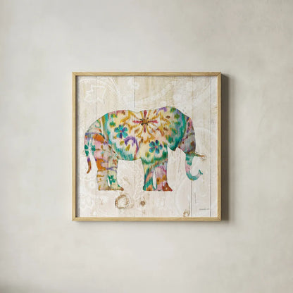 Boho Paisley Elephant I by Danhui Nai. Shown in a natural wood glass frame for a timeless modern aesthetic. Available as an archival giclee rolled canvas, fine art paper, or poster print. SKU 23980a.