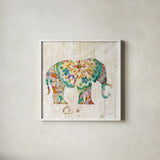 Boho Paisley Elephant I by Danhui Nai. Shown in a crisp white glass frame for a clean and minimalist style. Available as an archival giclee rolled canvas, fine art paper, or poster print. SKU 23980a.