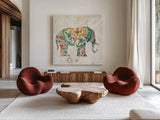 Boho Paisley Elephant I by Danhui Nai. Shown as extra-large giant wall art in a modern living room. Available as an archival giclee rolled canvas, fine art paper, or poster print. SKU 23980a.