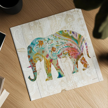 Boho Paisley Elephant II by Danhui Nai. Shown as a detailed flat fine art print, highlighting archival giclee quality. Available as an archival giclee rolled canvas, fine art paper, or poster print. SKU 23981a.