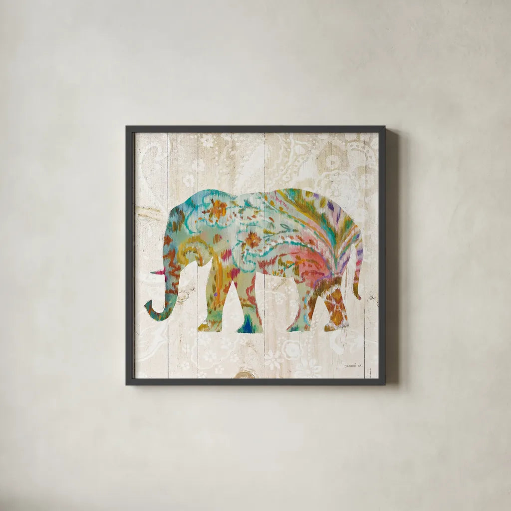 Boho Paisley Elephant II by Danhui Nai. Shown in a sleek black glass frame for a contemporary gallery look. Available as an archival giclee rolled canvas, fine art paper, or poster print. SKU 23981a.