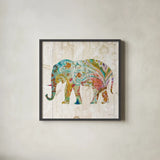 Boho Paisley Elephant II by Danhui Nai. Shown in a sleek black glass frame for a contemporary gallery look. Available as an archival giclee rolled canvas, fine art paper, or poster print. SKU 23981a.