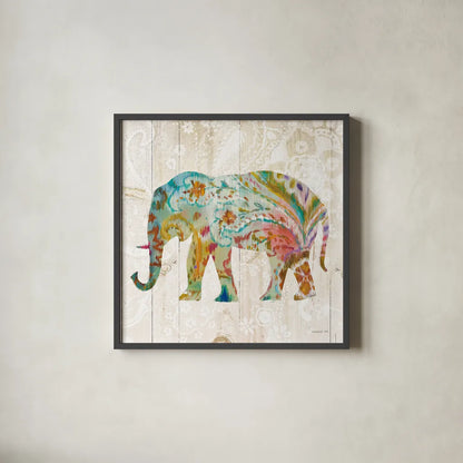 Boho Paisley Elephant II by Danhui Nai. Shown in a sleek black glass frame for a contemporary gallery look. Available as an archival giclee rolled canvas, fine art paper, or poster print. SKU 23981a.