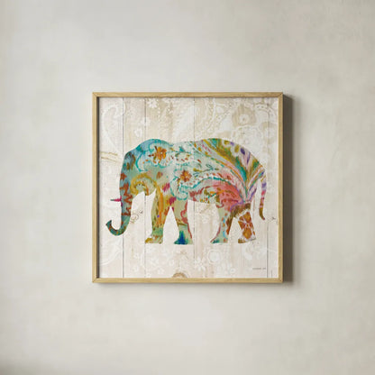 Boho Paisley Elephant II by Danhui Nai. Shown in a natural wood glass frame for a timeless modern aesthetic. Available as an archival giclee rolled canvas, fine art paper, or poster print. SKU 23981a.