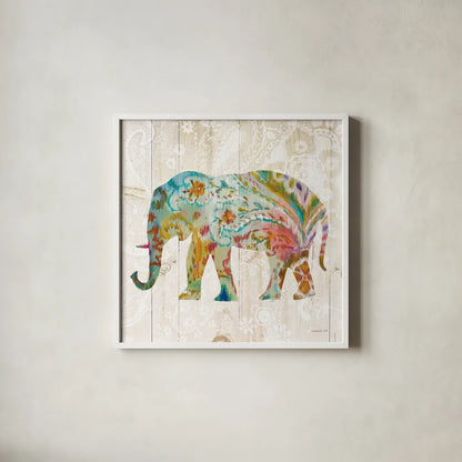 Boho Paisley Elephant II by Danhui Nai. Shown in a crisp white glass frame for a clean and minimalist style. Available as an archival giclee rolled canvas, fine art paper, or poster print. SKU 23981a.
