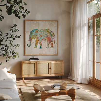 Boho Paisley Elephant II by Danhui Nai. Shown in a natural wood frame in a cozy modern living room. Available as an archival giclee rolled canvas, fine art paper, or poster print. SKU 23981a.
