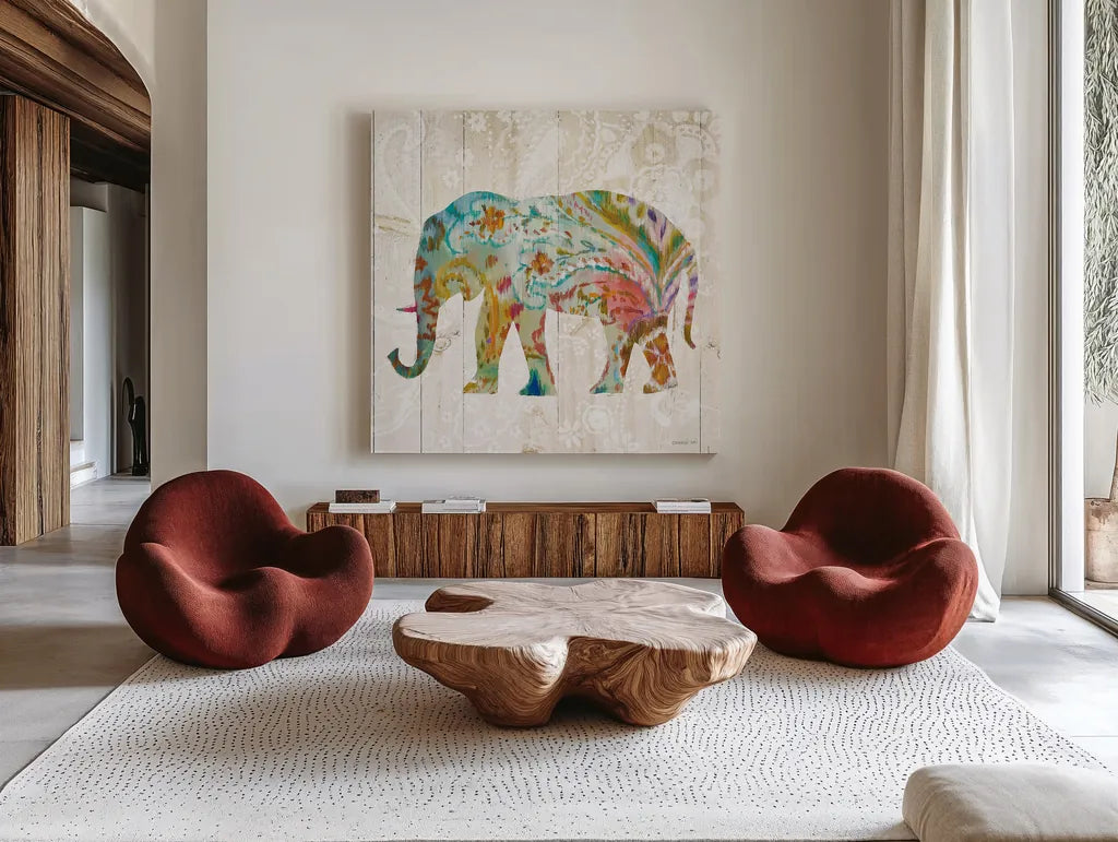 Boho Paisley Elephant II by Danhui Nai. Shown as extra-large giant wall art in a modern living room. Available as an archival giclee rolled canvas, fine art paper, or poster print. SKU 23981a.