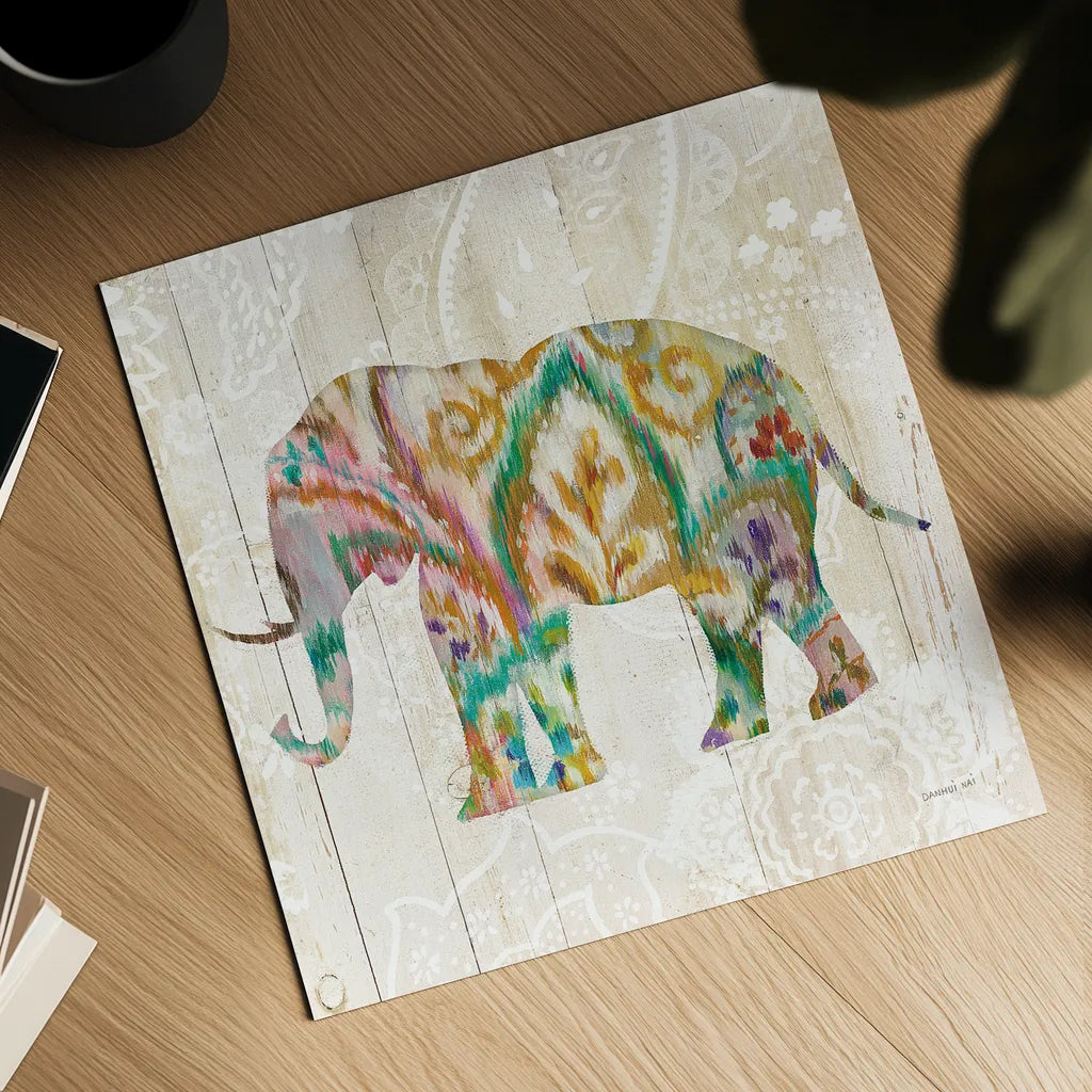 Boho Paisley Elephant II v2 by Danhui Nai. Shown as a detailed flat fine art print, highlighting archival giclee quality. Available as an archival giclee rolled canvas, fine art paper, or poster print. SKU 34515a.