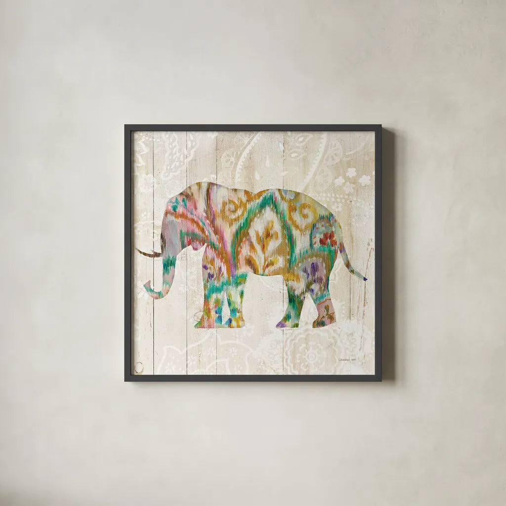 Boho Paisley Elephant II v2 by Danhui Nai. Shown in a sleek black glass frame for a contemporary gallery look. Available as an archival giclee rolled canvas, fine art paper, or poster print. SKU 34515a.