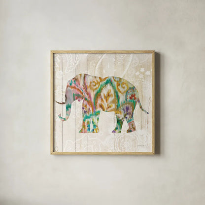Boho Paisley Elephant II v2 by Danhui Nai. Shown in a natural wood glass frame for a timeless modern aesthetic. Available as an archival giclee rolled canvas, fine art paper, or poster print. SKU 34515a.